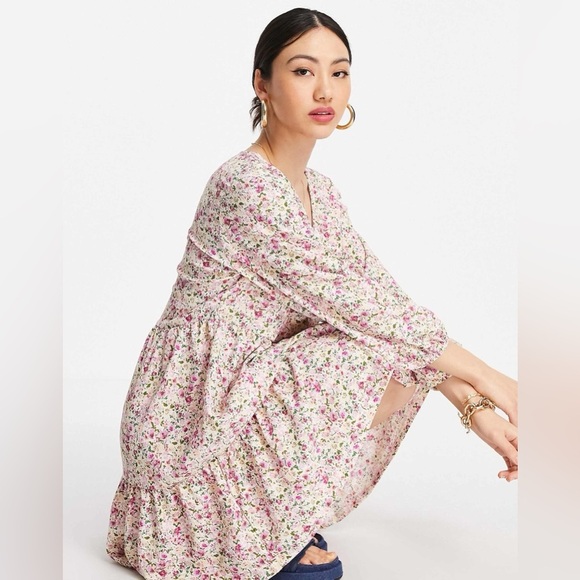 Mango v-neck mini smock dress in pink ditsy floral size 6 - Picture 1 of 6